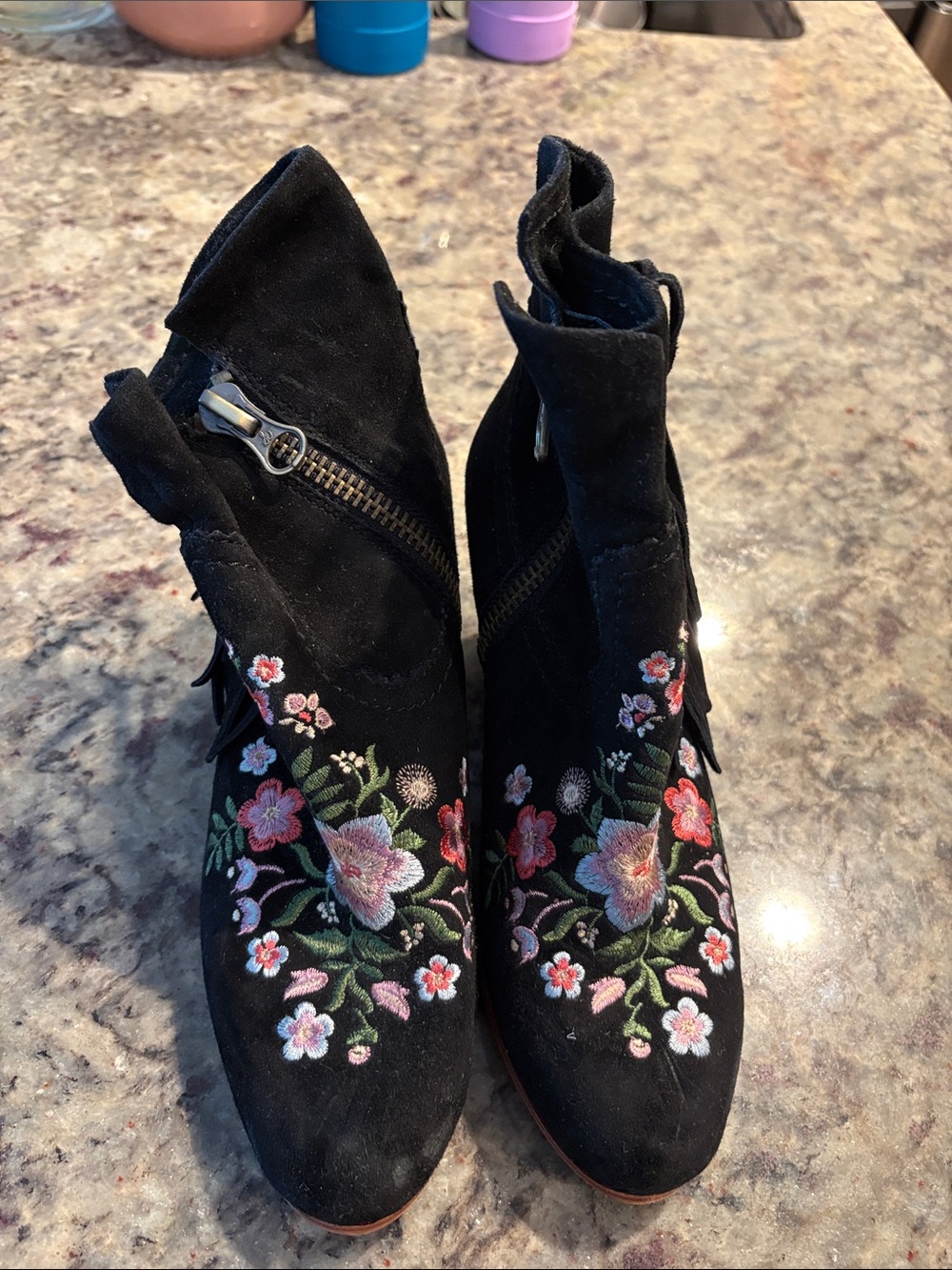 Sam Edelman Black Suede Ankle Boots with Pink & Green Floral Embroidery
